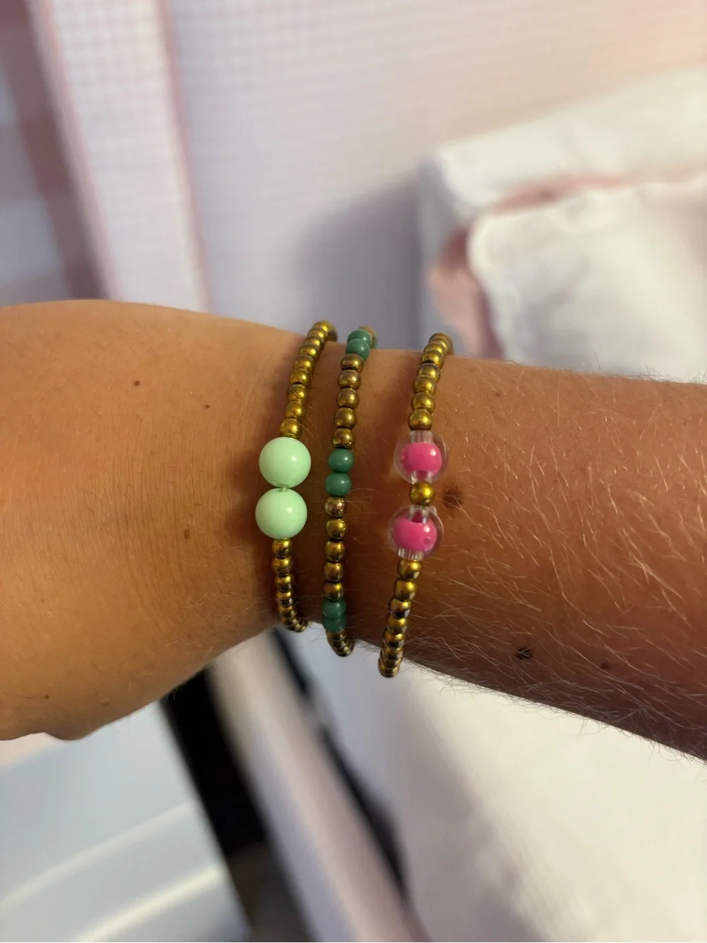 Beaded Stretch Bracelet Trio - Gold with Turquoise, Mint & Pink Accents